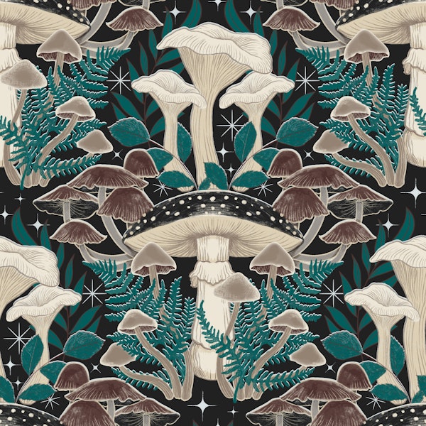 Moody Moonlit Mushroom Damask - medium
