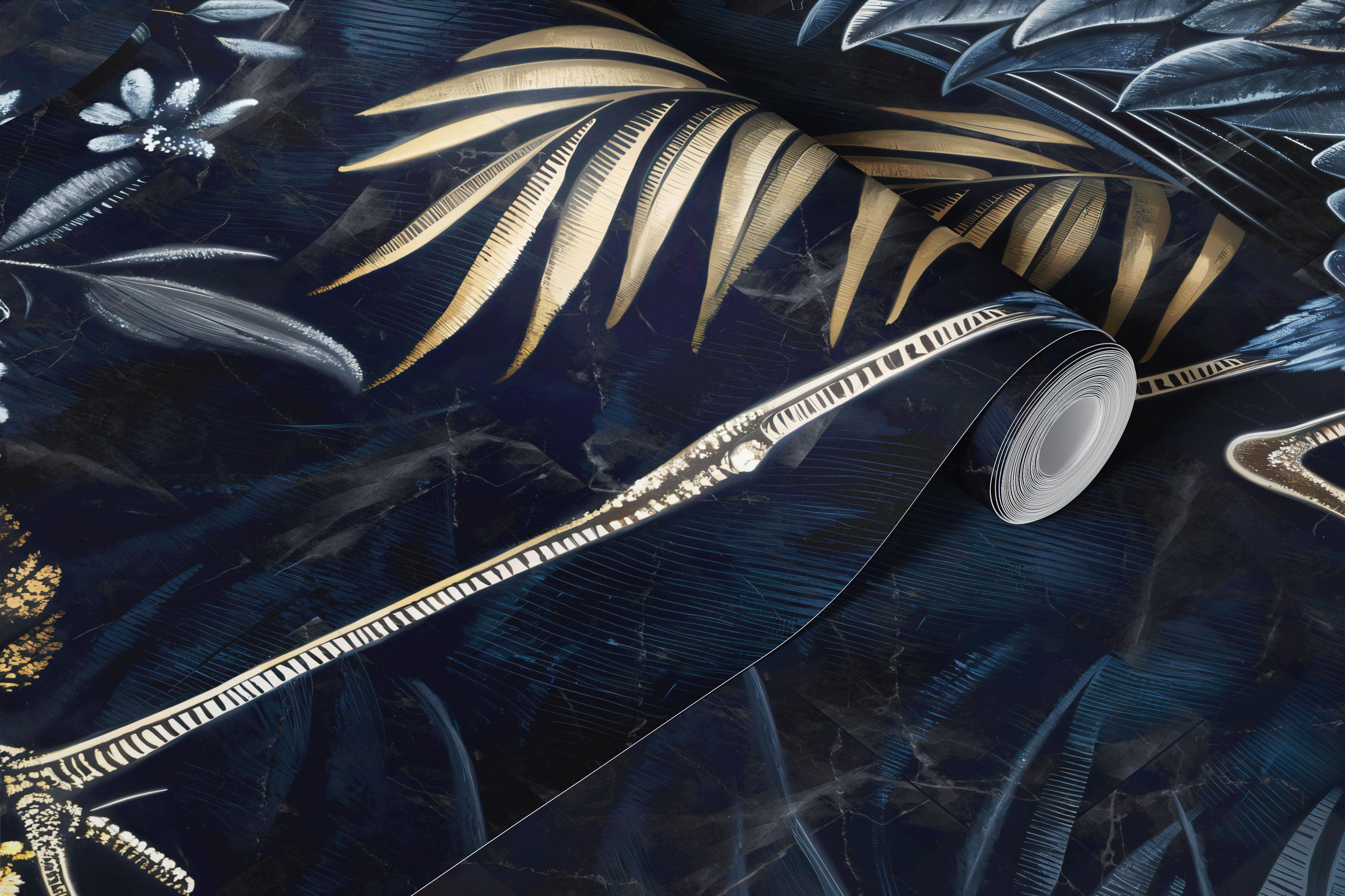 Midnight Cranes and Golden Botanicals wallpaper in room