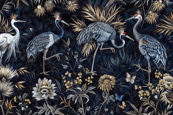 Midnight Cranes and Golden Botanicals