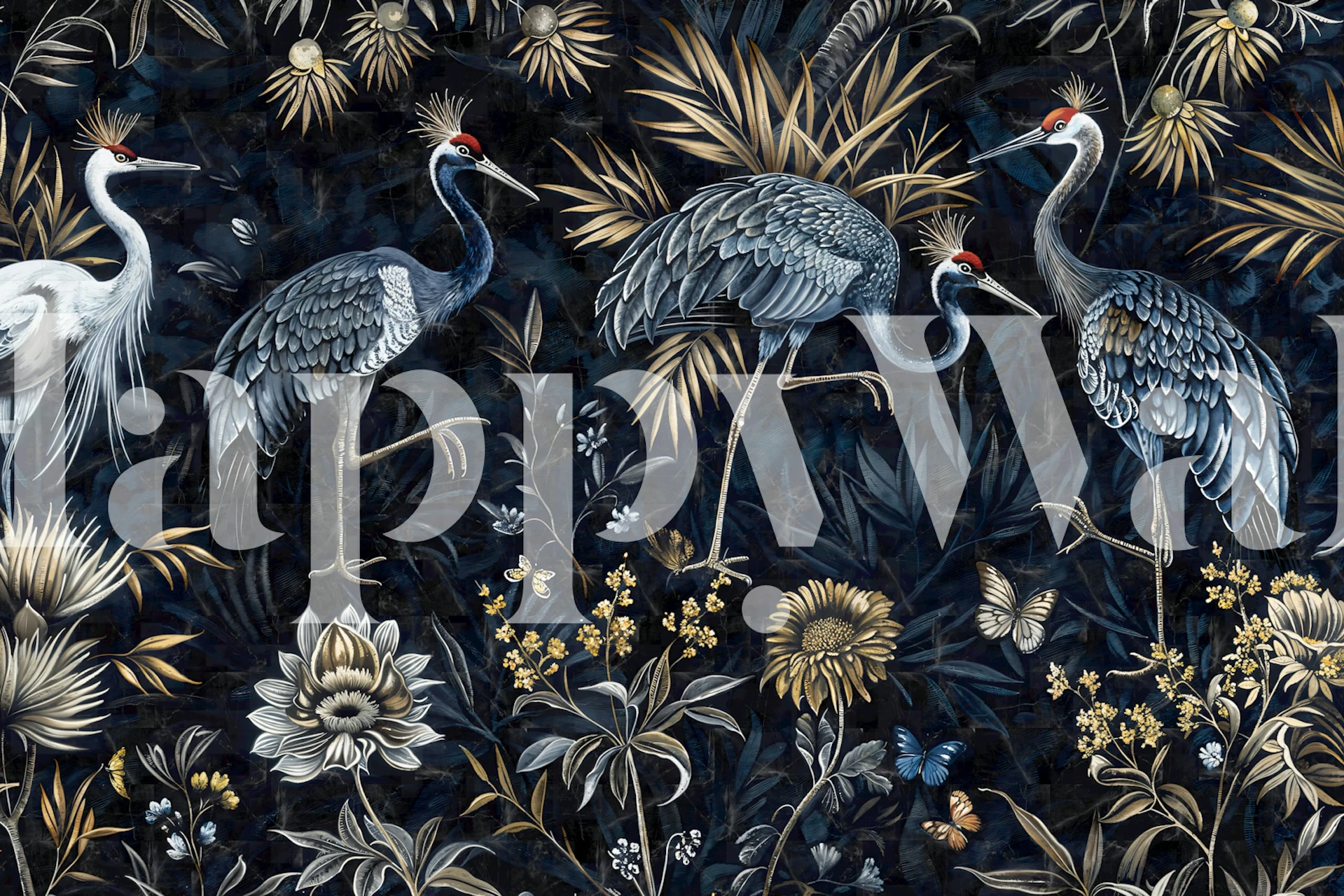 Midnight Cranes and Golden Botanicals wallpaper in room