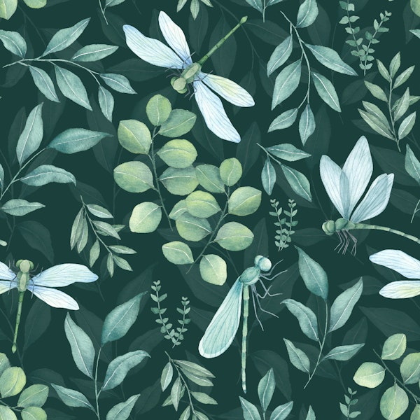 Watercolor Dragonflies and Eucalyptus Leaves