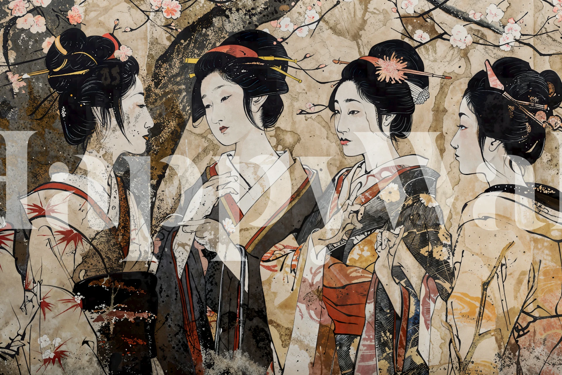 Geisha wallpaper with cherry blossoms in a room