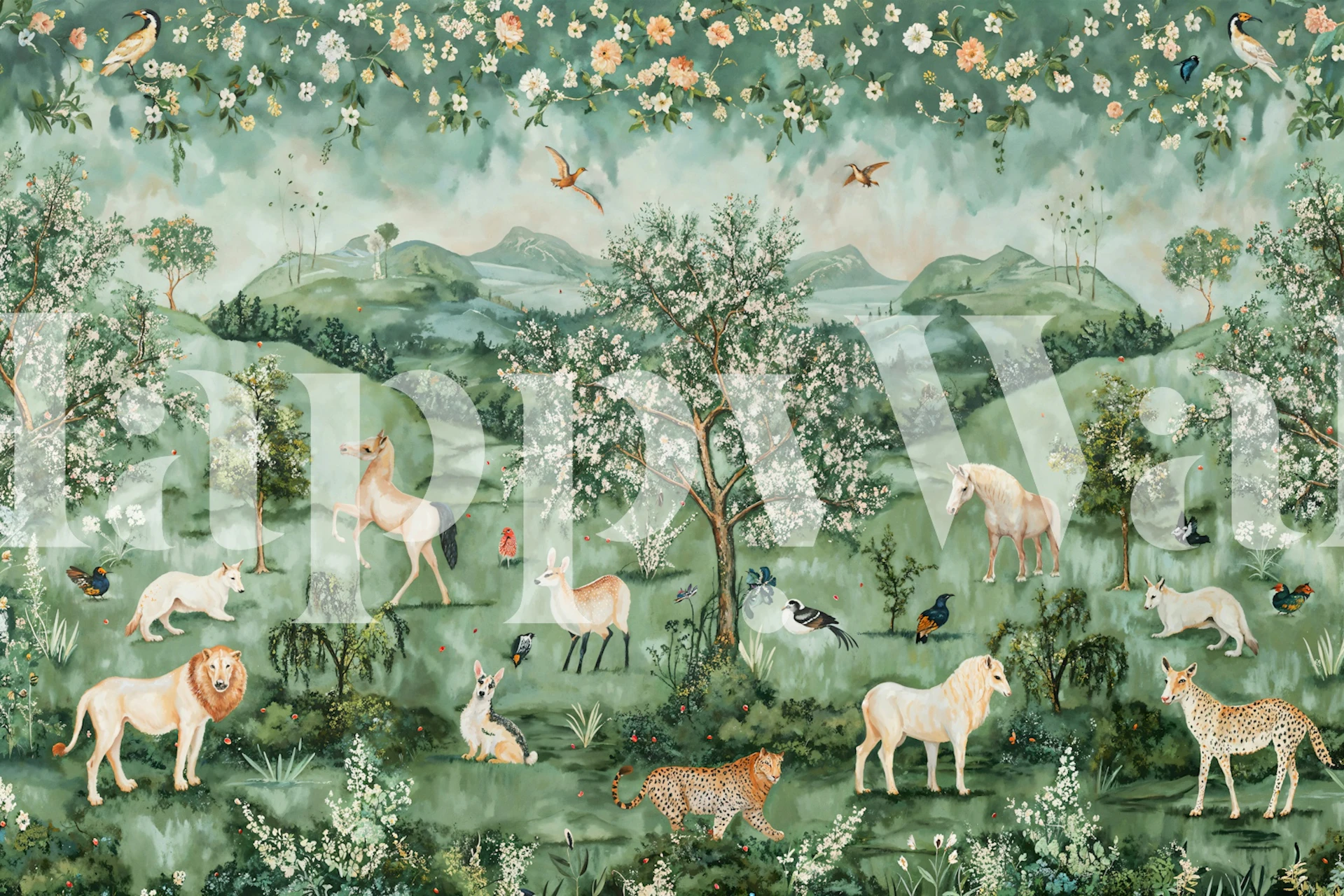 Whimsical Wild Animal Meadow wallpaper in a room