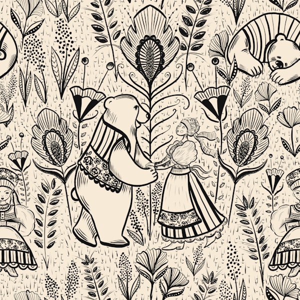 Scandinavian Folk Black and White Bear Dance