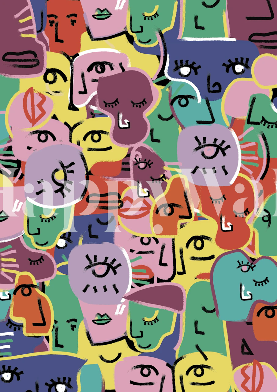 Colorful faces wallpaper in a room