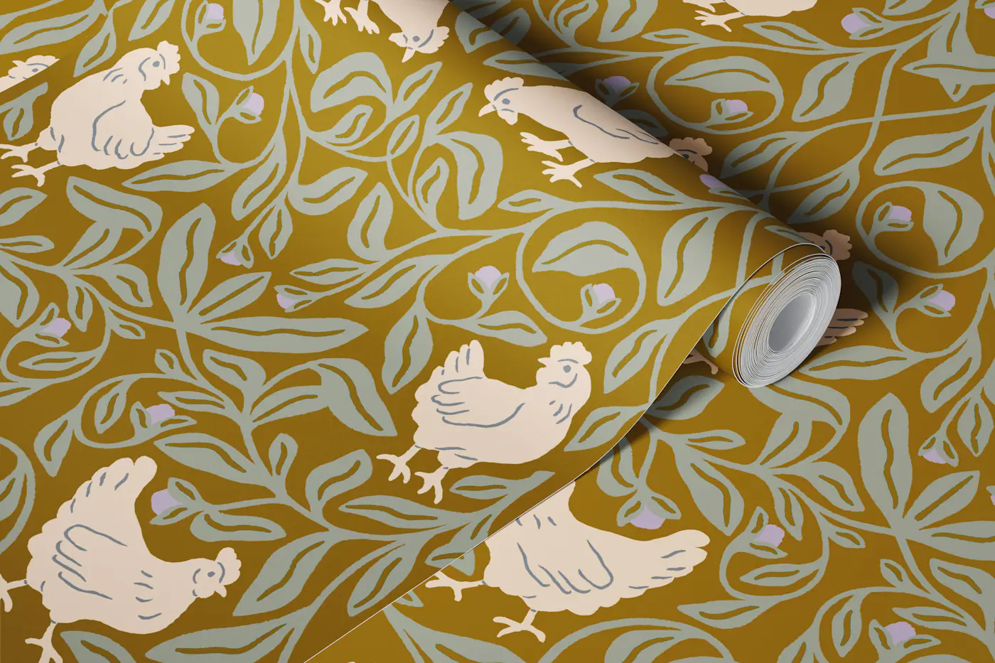 Forest Folk Chickens Olive Sage Botanical wallpaper roll