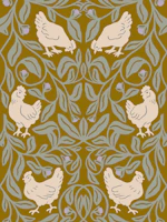 Forest Folk Chickens Olive Sage Botanical wallpaper