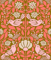 Scandi Folk Doves Daisies Coral Olive tapet