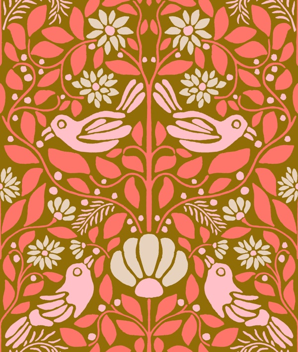 Scandi Folk Doves Daisies Coral Olive