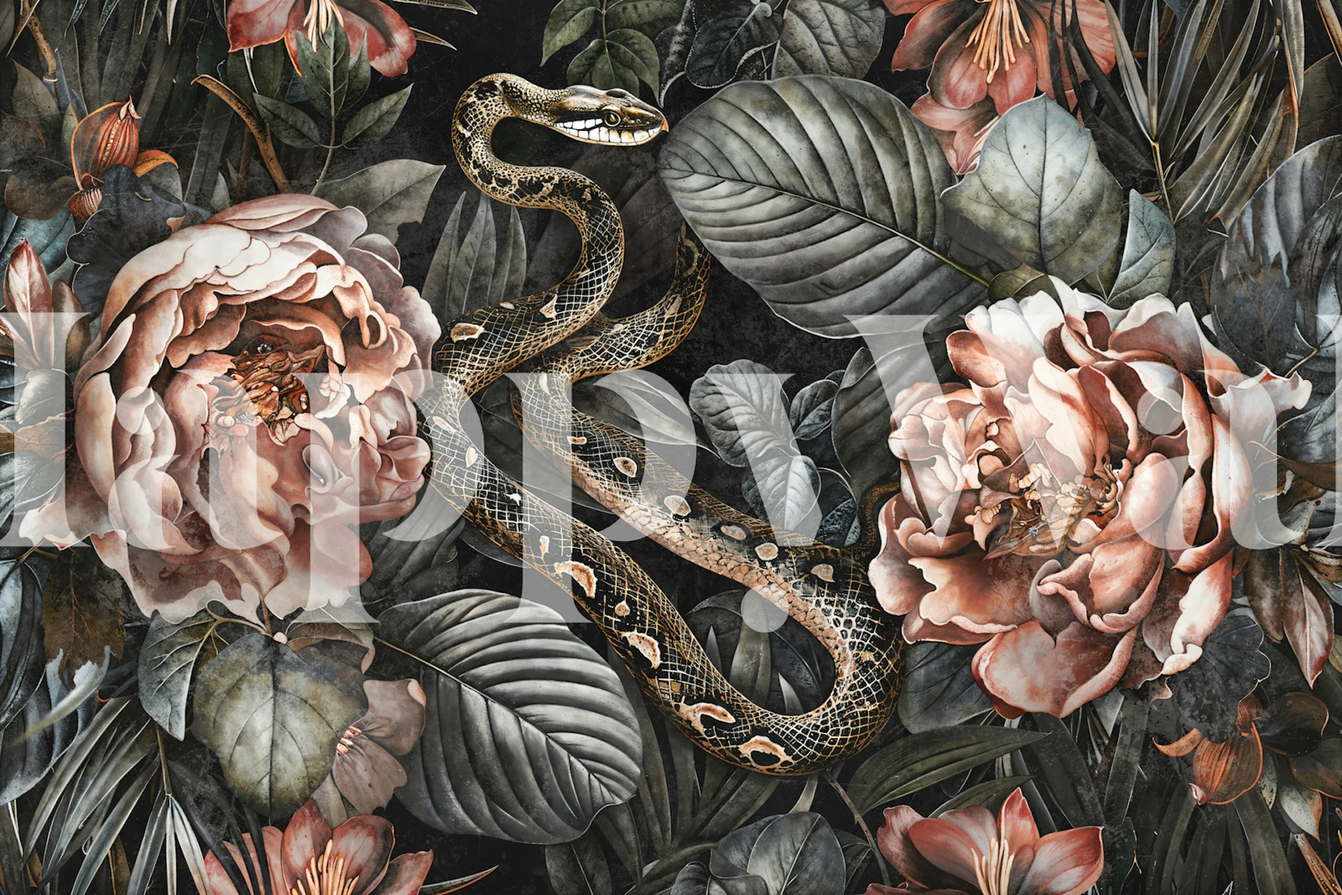 Moody Snake and Peony Blooms wallpaper in a room