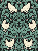 Bold Black Chickens Teal Jade Cream Folk tapet