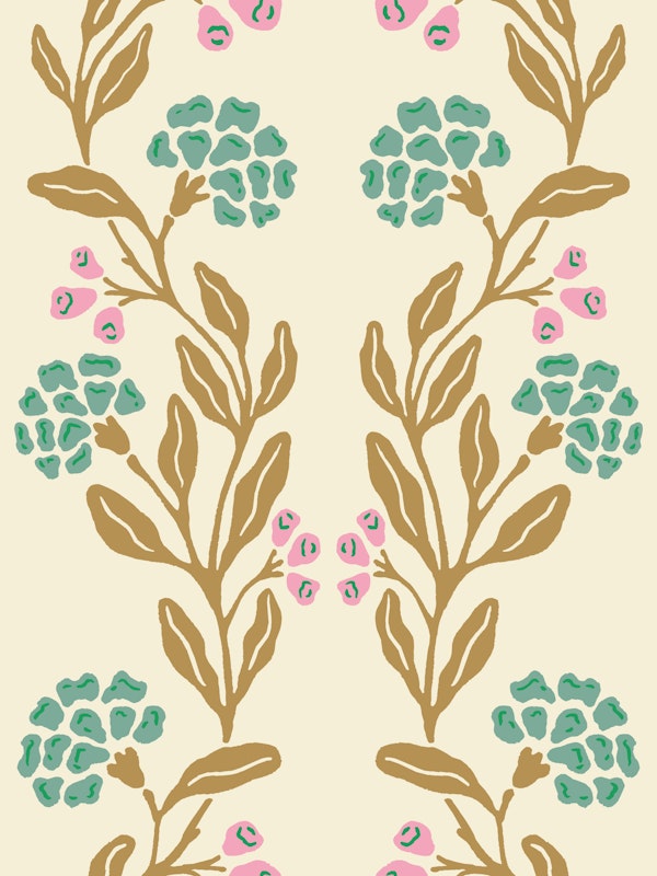 Spring Hydrangea Green Teal Gold Cream Folk