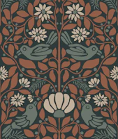 Rust Teal Folk Birds Daisy Pattern wallpaper