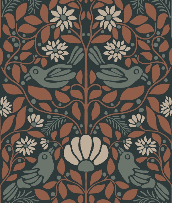 Rust Teal Folk Birds Daisy Pattern