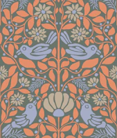 Sage Orange Folk Birds Floral Mural wallpaper