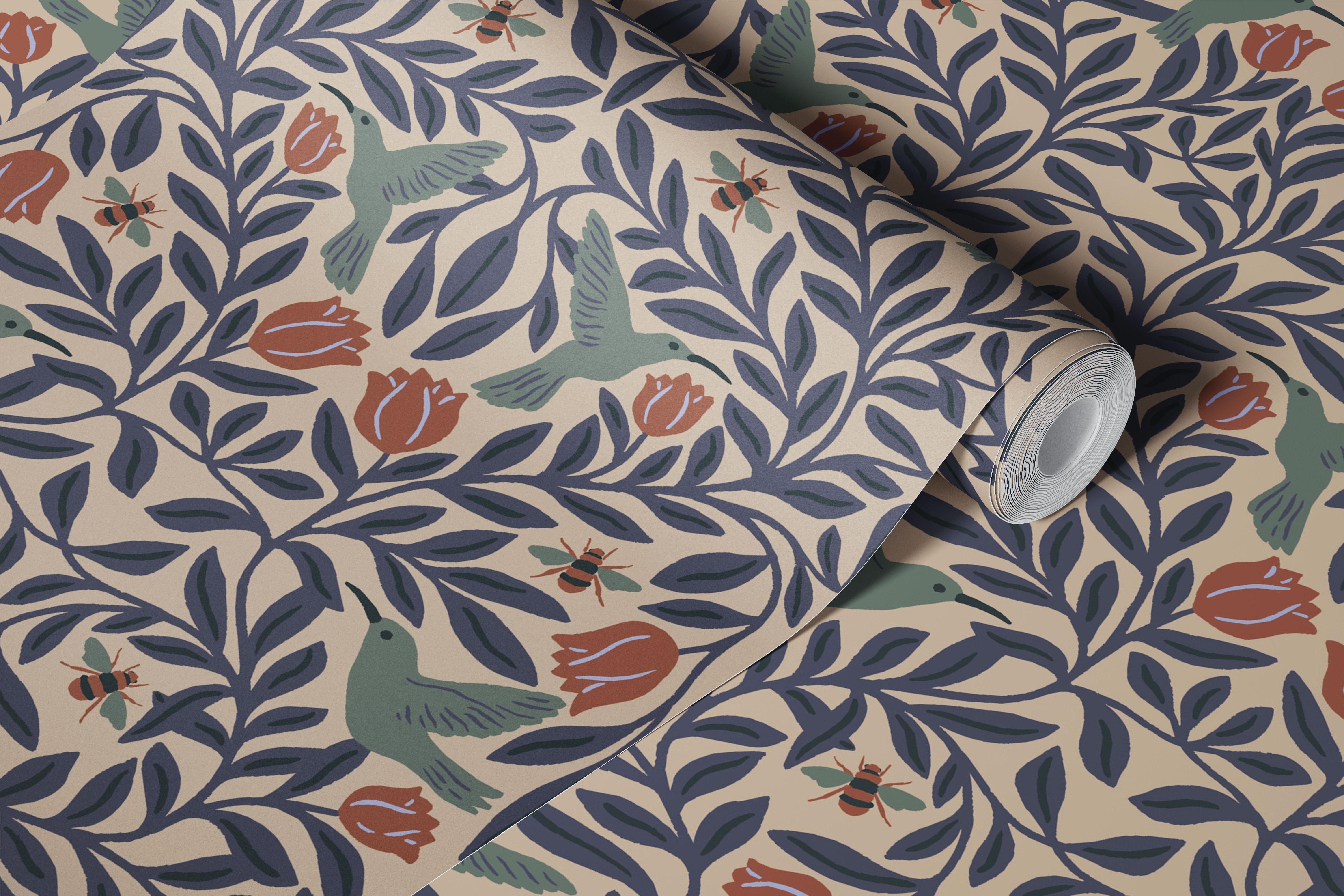 Hummingbird Tulip Bee Damask wallpaper in a room