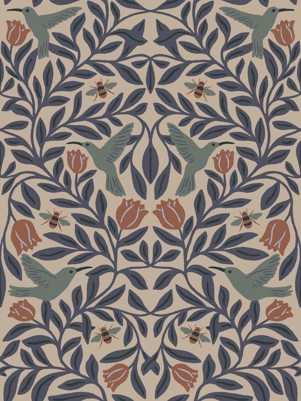 Hummingbird Tulip Bee Damask Mural