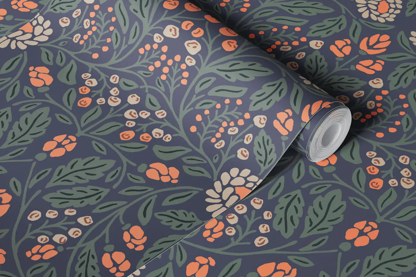 Navy Orange Floral Damask Pattern wallpaper roll