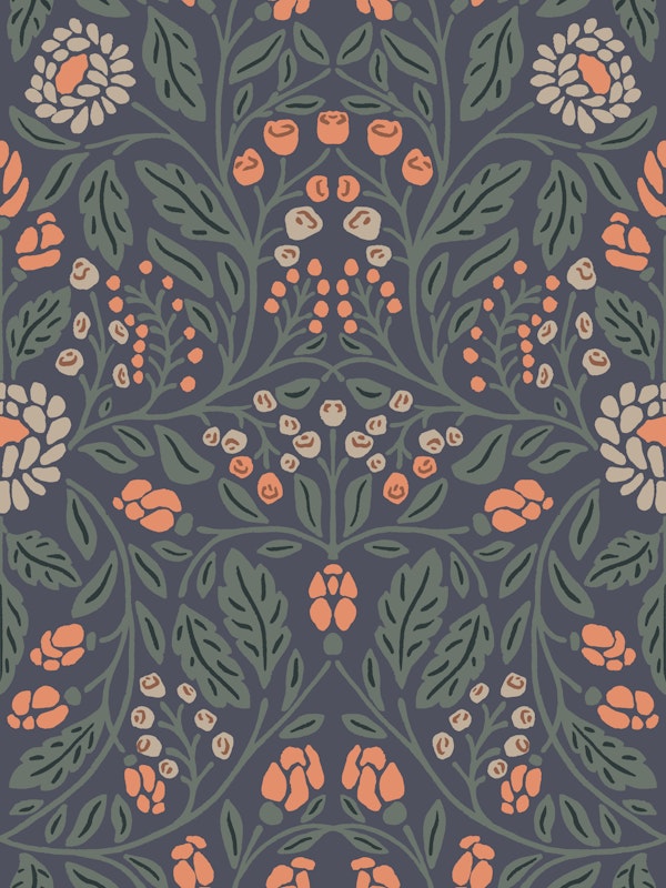 Navy Orange Floral Damask Pattern