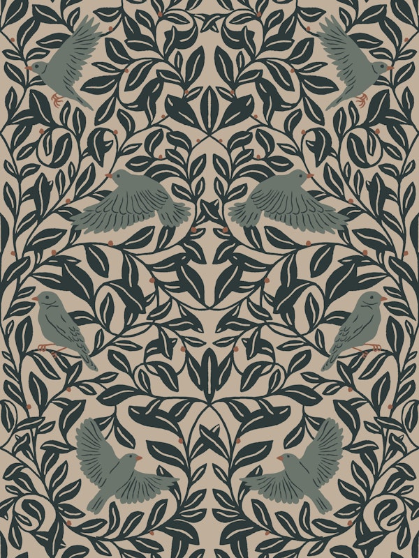 Tan Teal Songbird Foliage Pattern