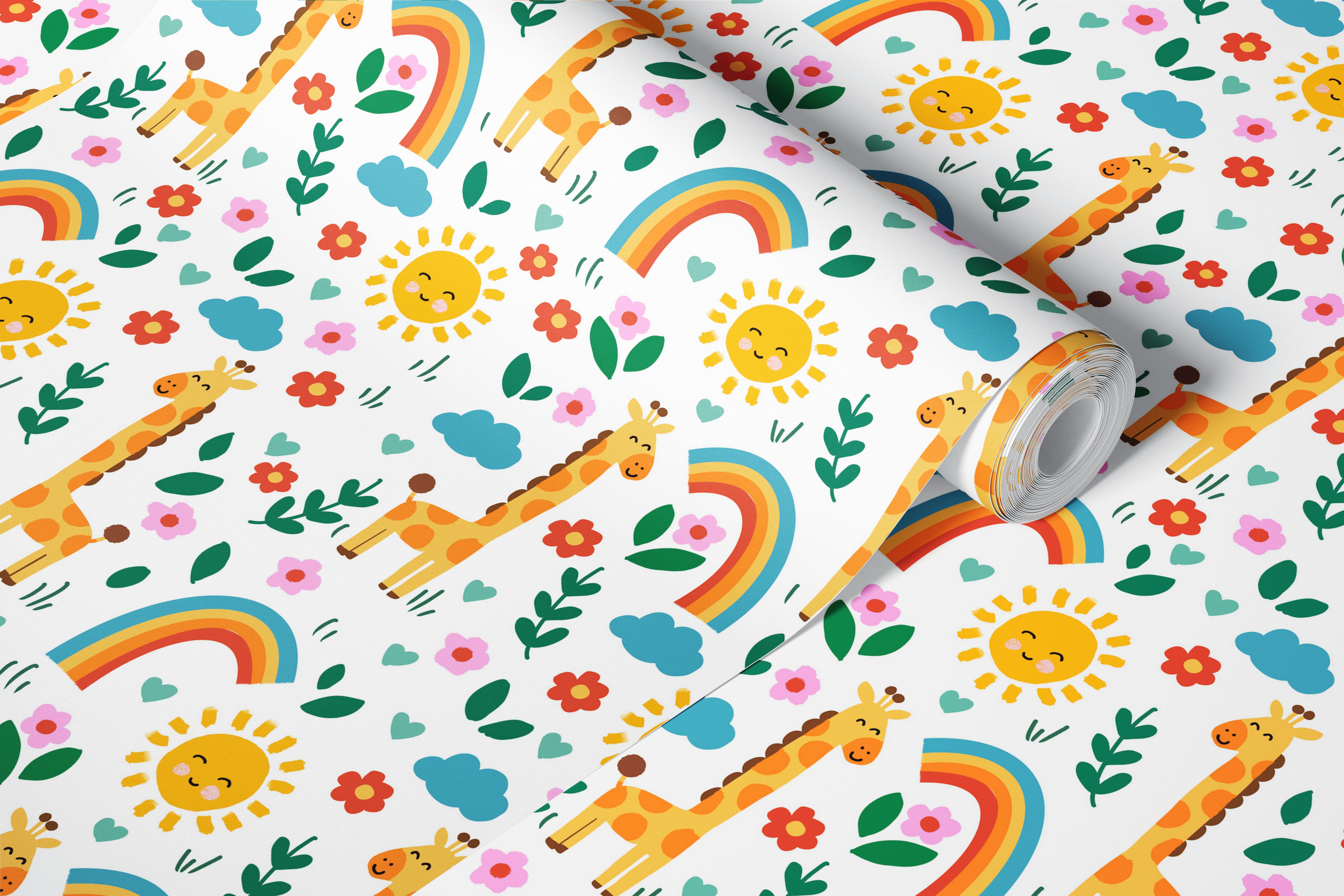 Nursery wallpaper with giraffes and flowers