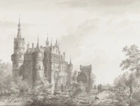 Antique Castle Landscape in Soft Charcoal behang