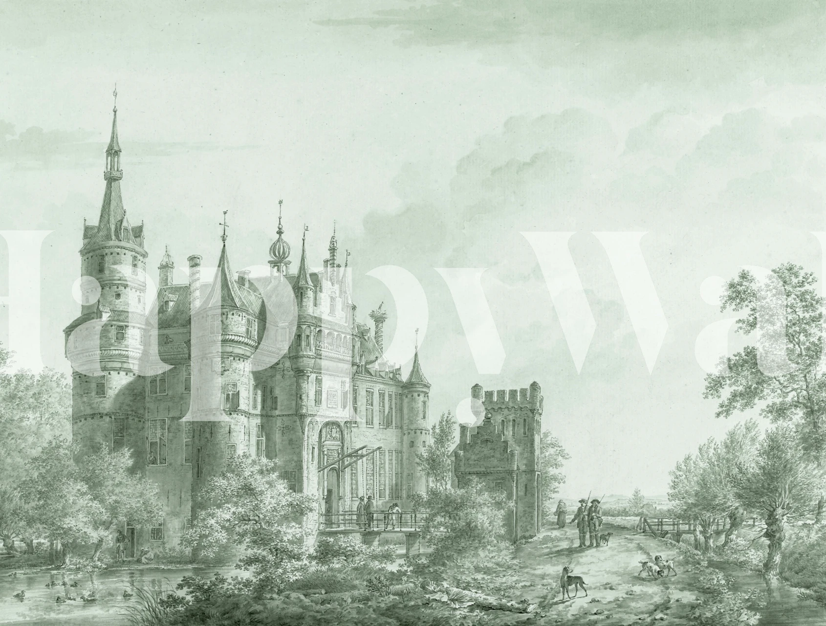 Antique Castle Landscape in Evergreen wallpaper