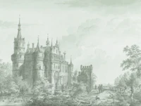 Antique Castle Landscape in Evergreen behang
