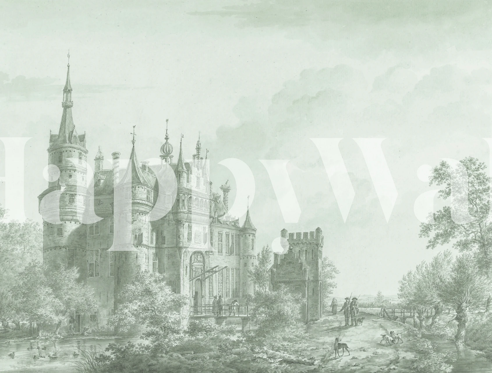 Behang met een antiek kasteel landschap in een kamer