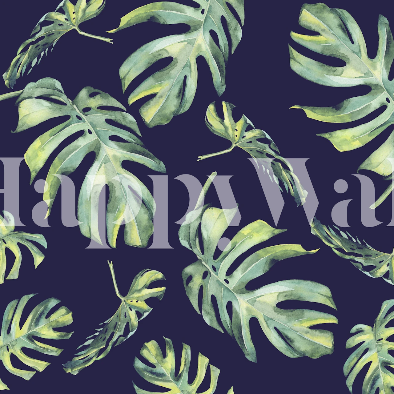 Monstera blade mønster vægmaleri på en blå baggrund