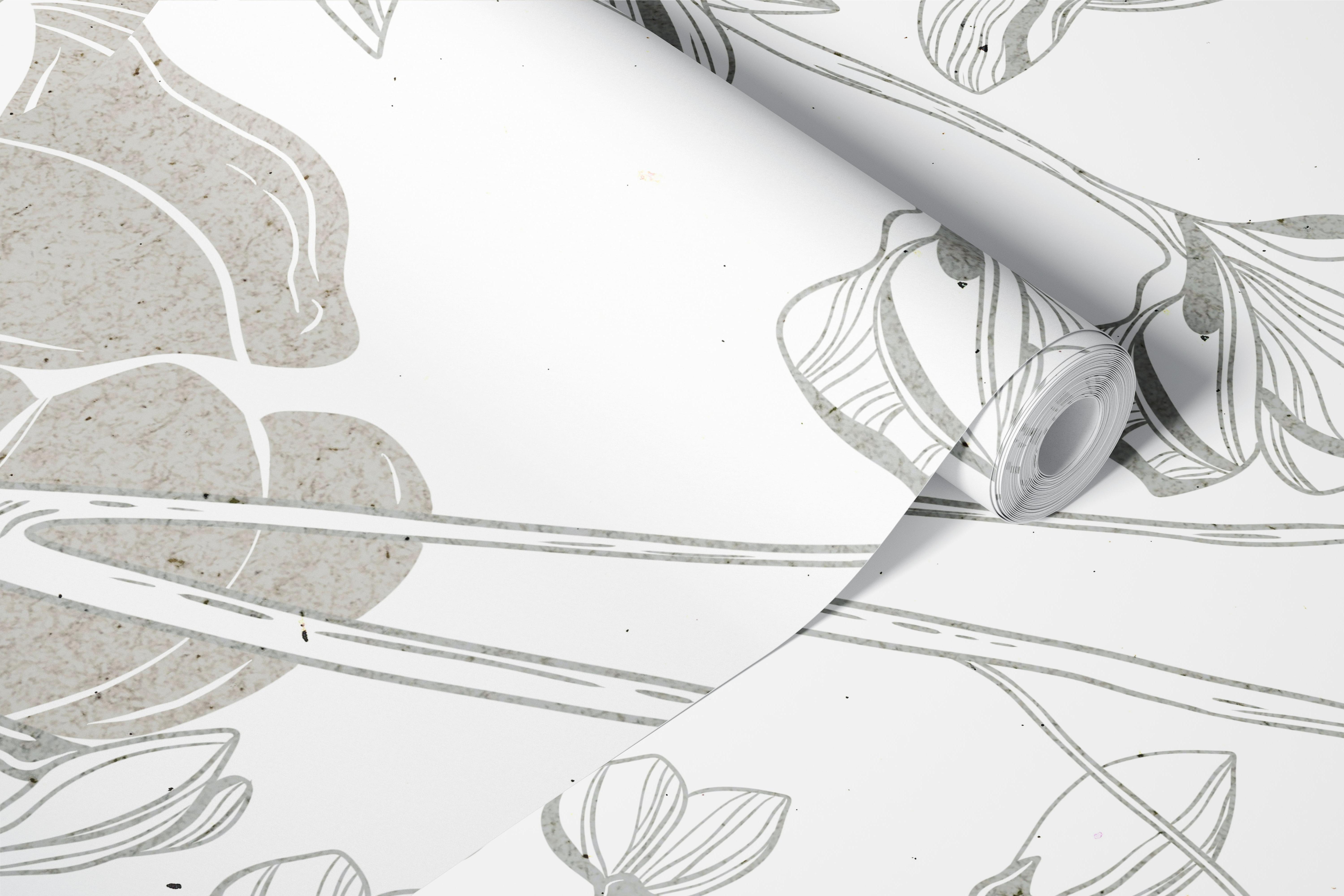 Zachte beige bloemen tekening met vogels behang