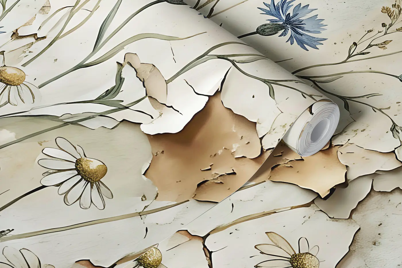 Vintage Peeling Paint Wildflowers wallpaper roll