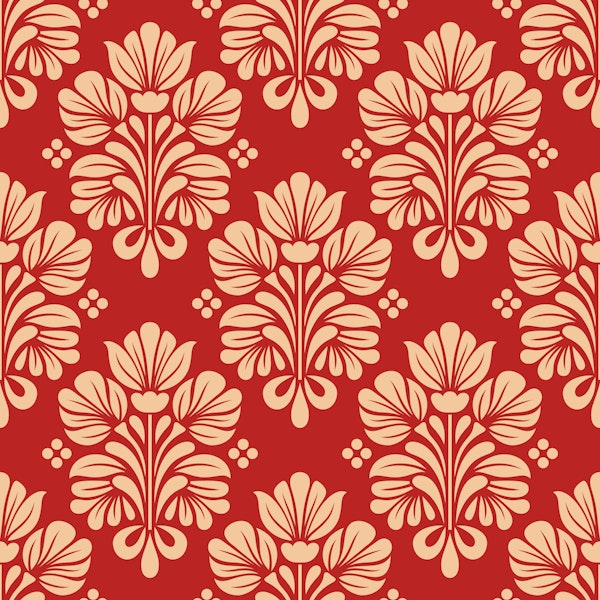 Dark Red Beige Damask Ornamental Flowers