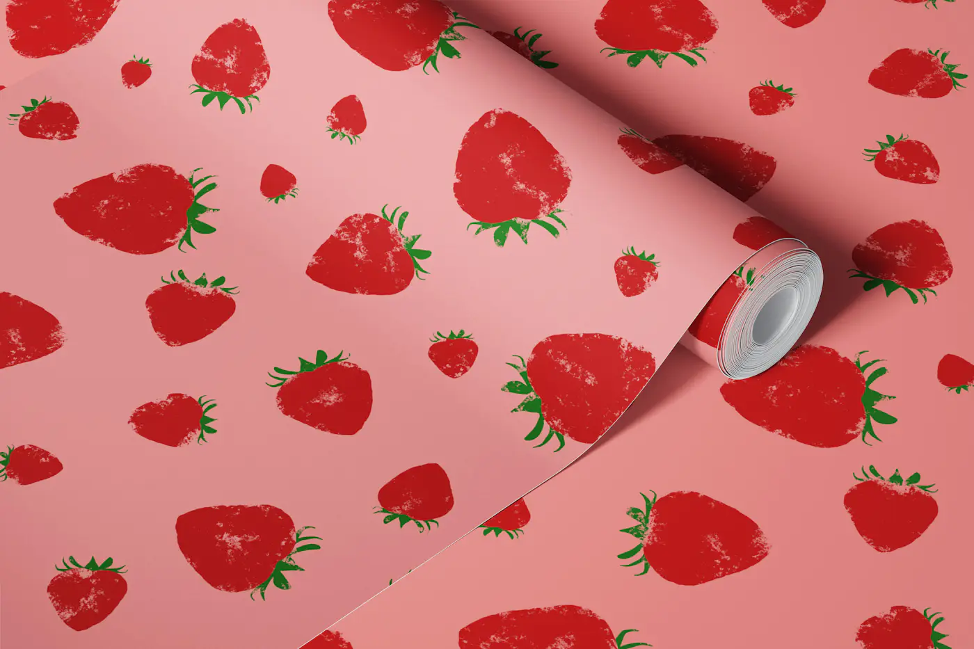 Strawberries blockprint - red pink Small wallpaper roll