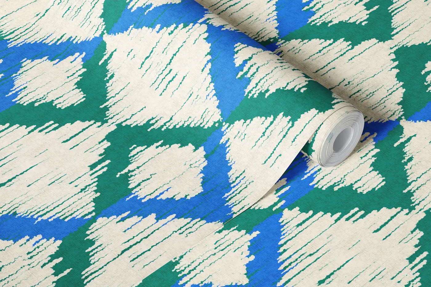 Bold Ikat Rectangles Blue Green Cream Medium wallpaper roll