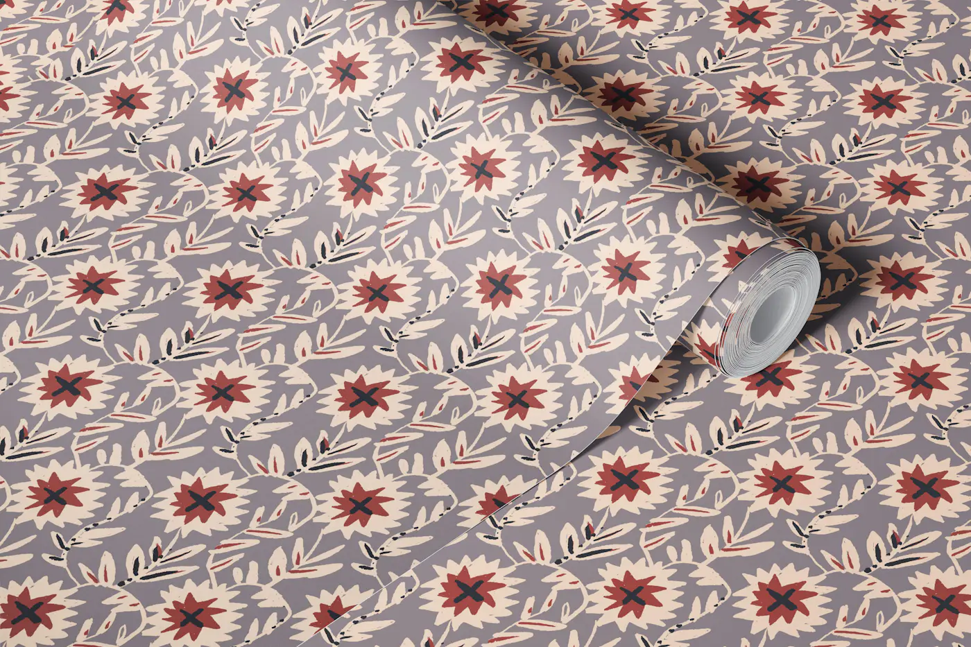 Boho Folk Floral on Taupe wallpaper roll