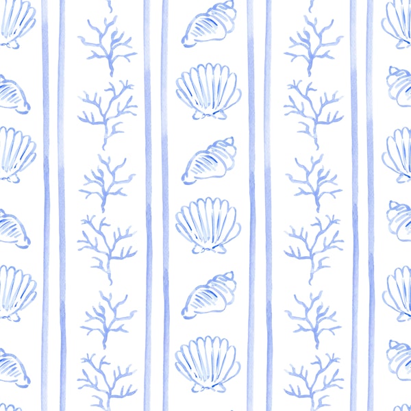 Blue Coastal Shells and Coral Stripes