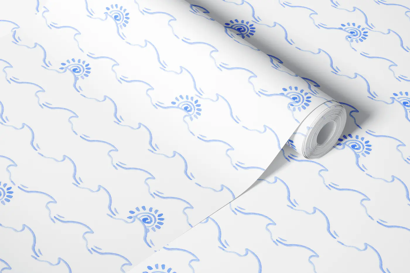 Blue Ocean Waves and Sun Doodles wallpaper roll