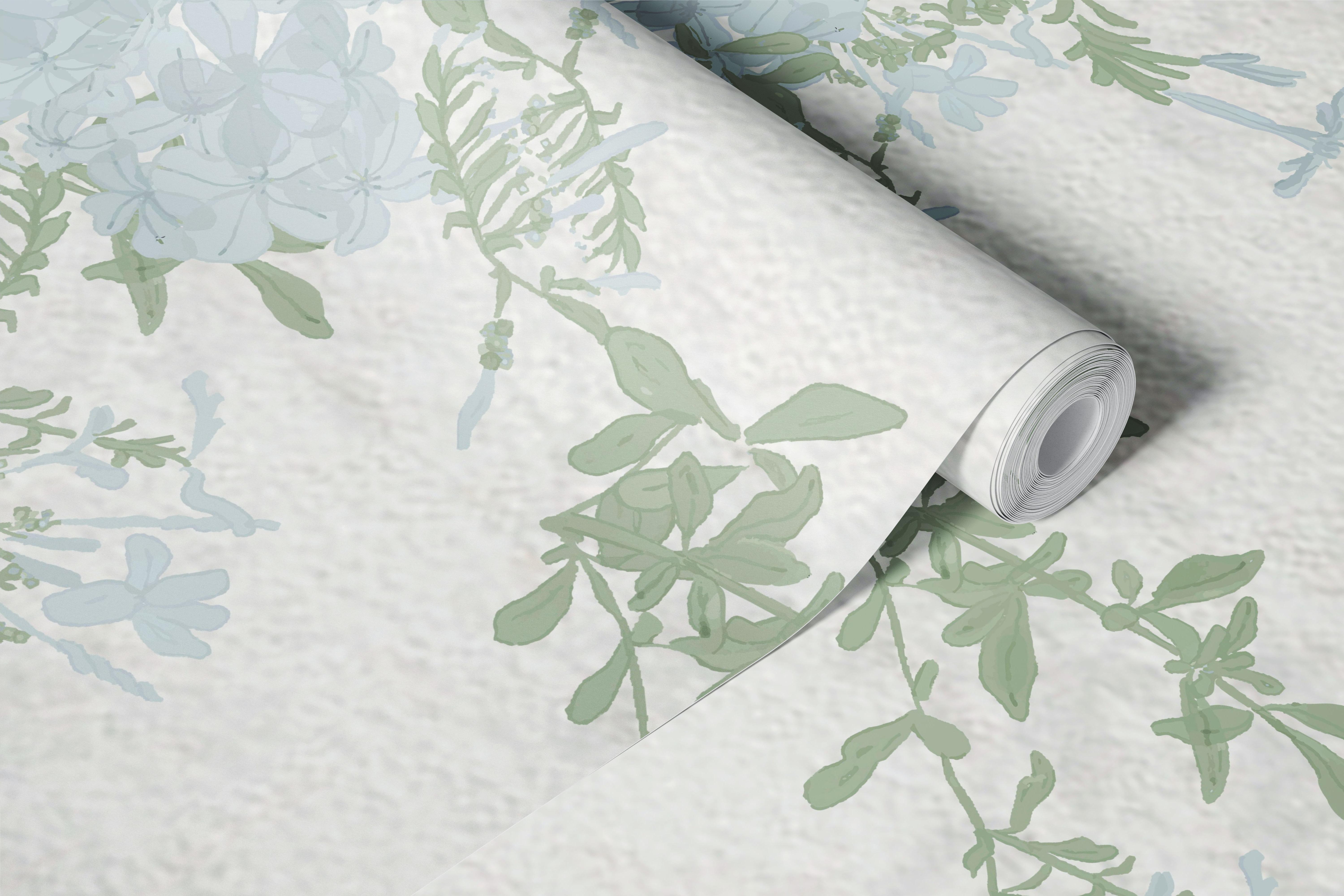 Blue plumbago floral wallpaper in a room