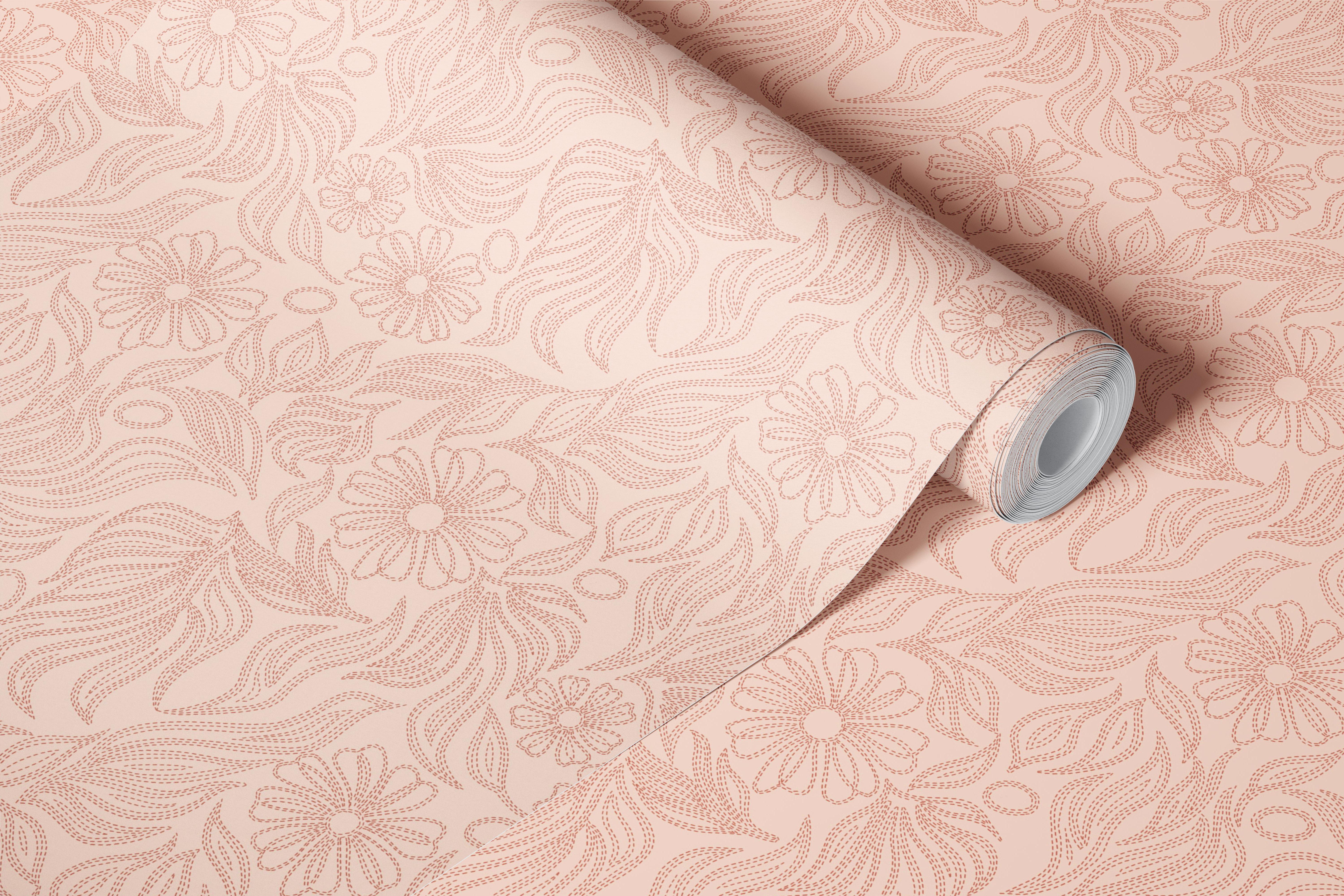 Retro peach blush floral wallpaper in a room