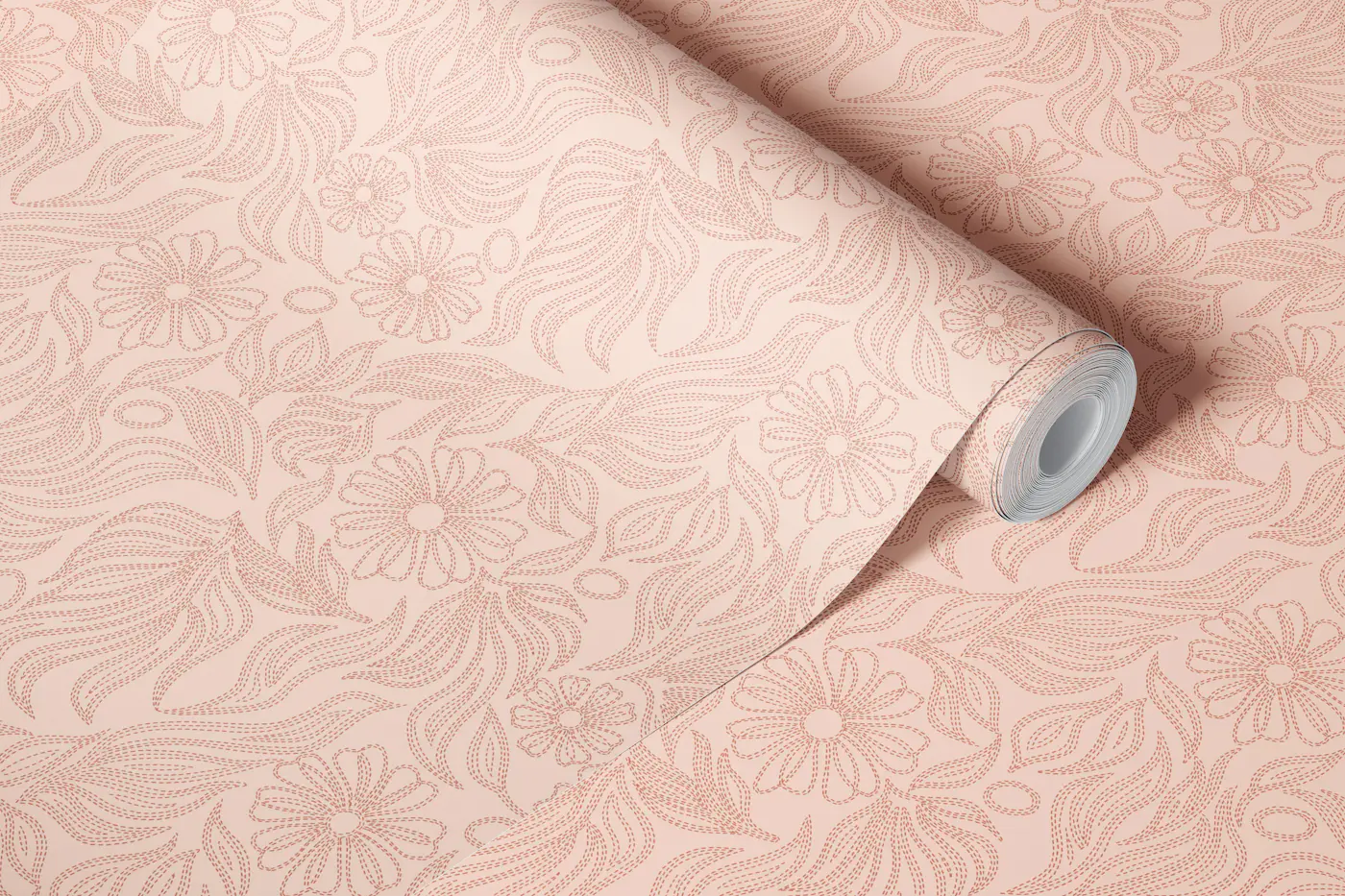 Retro Peach Blush Flower Stitched Botanical wallpaper roll