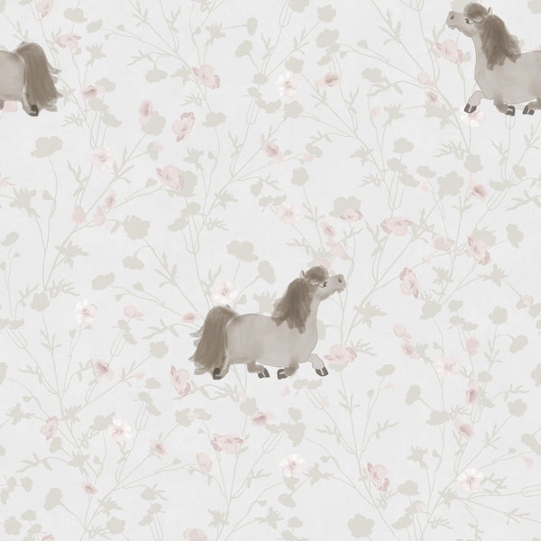 Whimsical Ponies and Wildflowers - Greige
