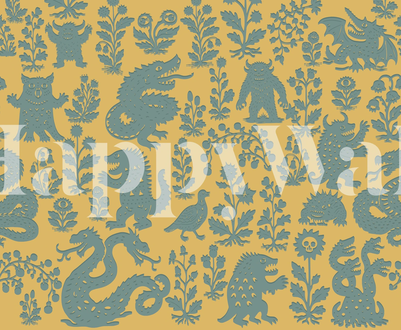 Playful mythical beats blue wallpaper in a room