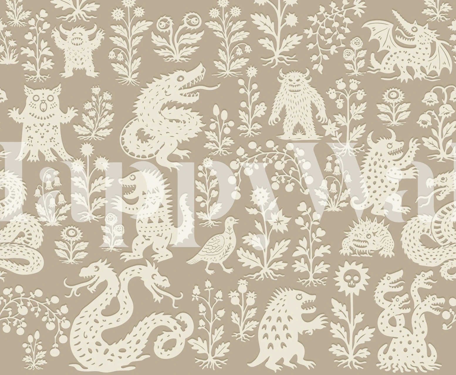 Playful mythical beasts wallpaper in a room