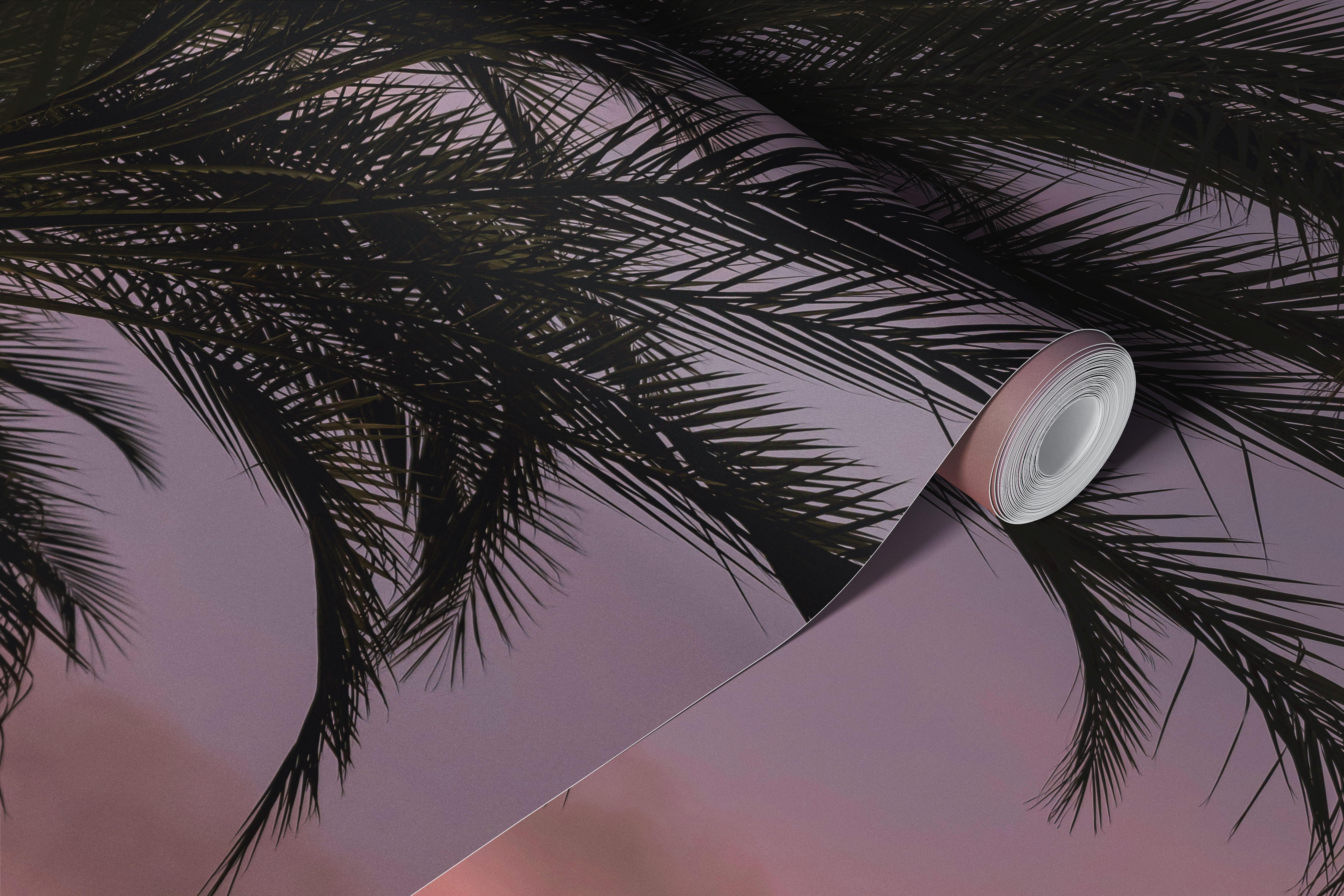 Palm tree wallpaper in room with pink sunset