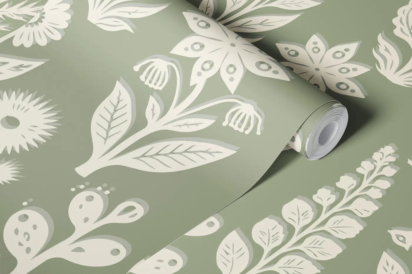 Botanical folk art greige wallpaper roll
