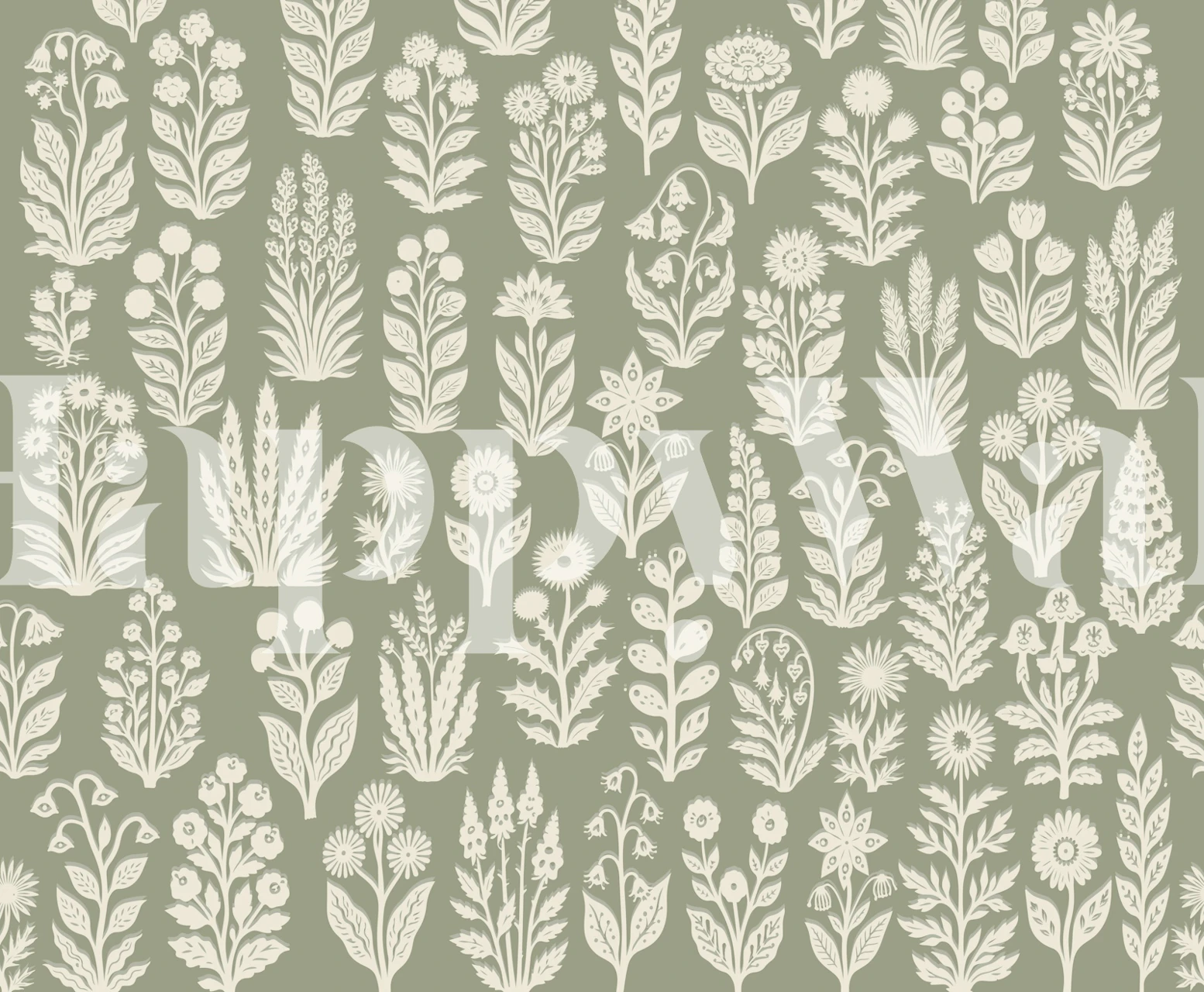 Botanical folk art greige wallpaper