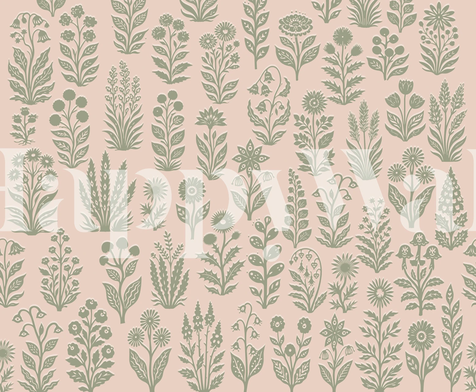 Botanical folk art Pink wallpaper in a room
