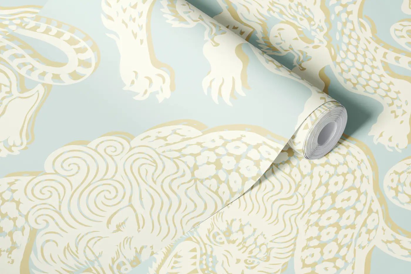 Wild leopard toile sage blue wallpaper roll