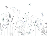 Wildflowers and Dragonflies on White wallpaper